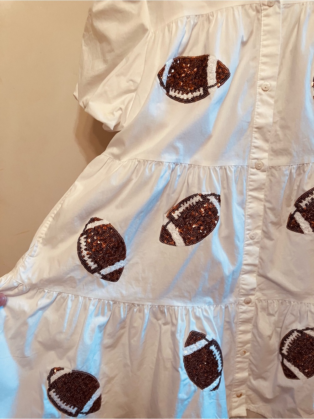 Peach Love White Sequin Football Tiered Babydoll Gameday Shirt Dress - Medium - Picture 4 of 13